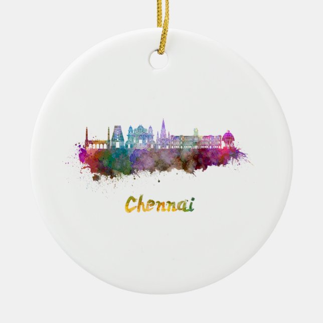 Chennai skyline in watercolor ceramic ornament (Front)