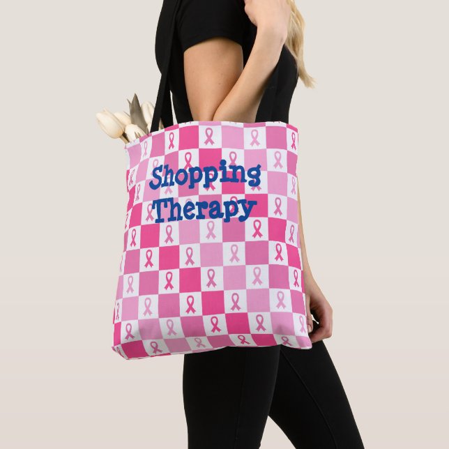 Chequered Breast Cancer Awareness Ribbon Tote Bag (Close Up)