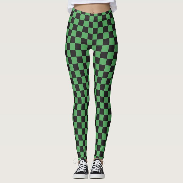 chequered pattern checkered squares chess green bl leggings (Front)