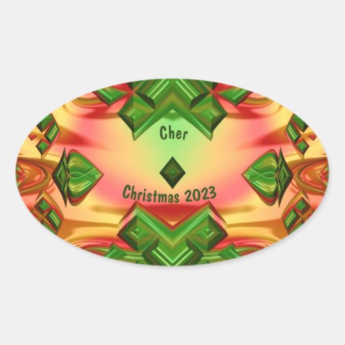 CHER  CHRISTMAS 2023 Green Red Yellow Fractal   Oval Sticker
