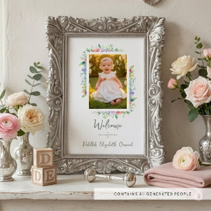 Cherish Cute Floral Frame Christening Photo Poster