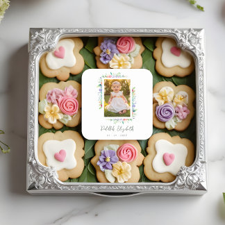 Cherish Cute Floral Frame Christening Photo  Square Sticker