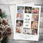 Cherish Every Moment 10 Photo Collage Christmas Holiday Card<br><div class="desc">This 10 photo Christmas greeting card features the text: Cherish Every Moment.  Personalize each square photo frame with your favorite family pictures. The design is accented with modern handwriting style text,  a branch of greenery and a white background. Photography © Storytree Studios,  Stanford,  CA</div>