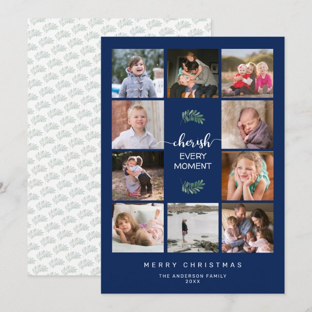 Cherish Every Moment 10 Photo Collage Christmas Holiday Card (Front/Back)