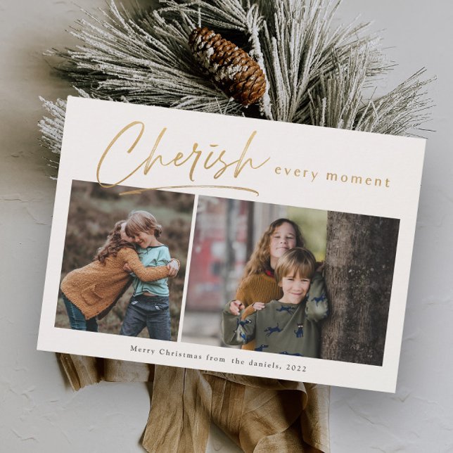 Cherish Every Moment 2 photo Merry Christmas Holiday Card (Creator Uploaded)