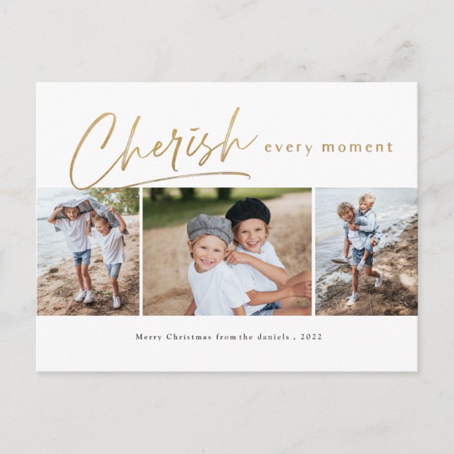 Cherish every moment 3 photo christmas holiday postcard (Front)