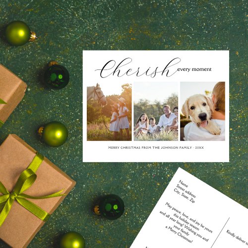 Cherish Every Moment Elegant Script 3Photo Holiday Postcard