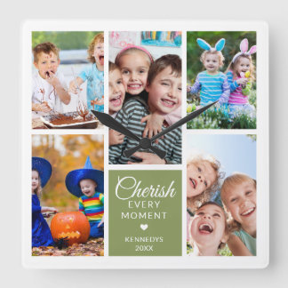 Cherish Every Moment Olive Green 5 Photo Collage Square Wall Clock