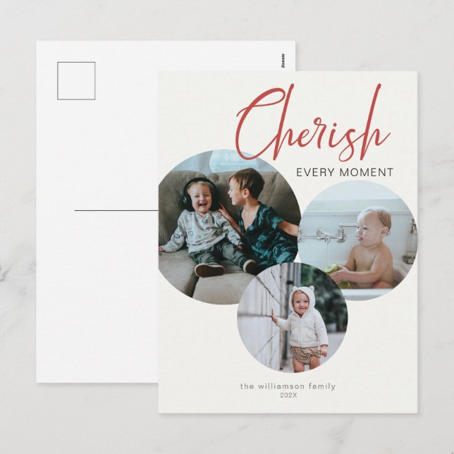 Cherish Every Moment Photo Red Ivory Holiday Postcard (Front/Back)