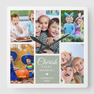 Cherish Every Moment Sage Green 5 Photo Collage Square Wall Clock