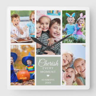 Cherish Every Moment Sage Green 5 Photo Collage Square Wall Clock