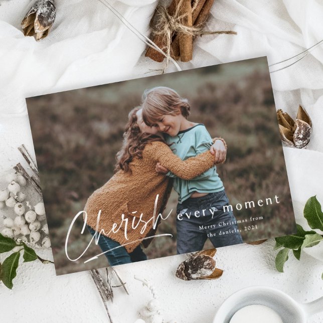 Cherish Every Moment Script Photo Merry Christmas Card (Creator Uploaded)