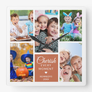 Cherish Every Moment Terracotta 5 Photo Collage   Square Wall Clock