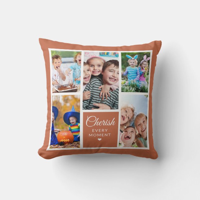 Cherish Every Moment Terracotta 5 Photo Collage   Throw Pillow (Front)