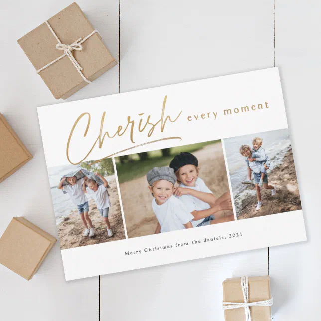 Cherish every moment three photo Christmas card Zazzle