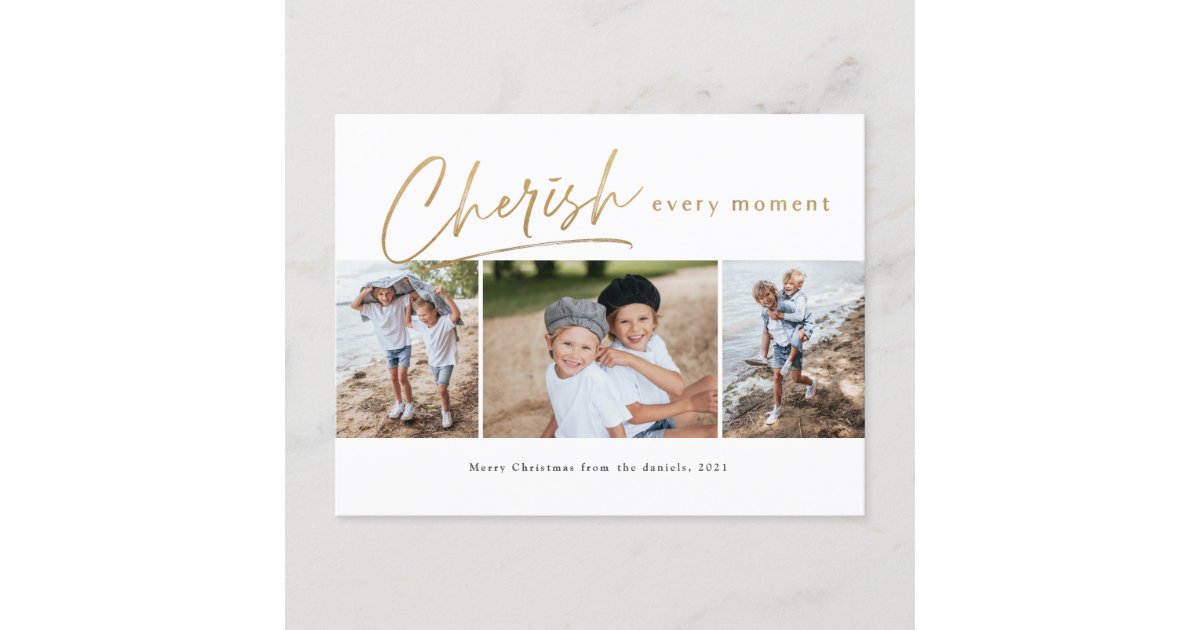 Cherish every moment three photo Christmas card Zazzle