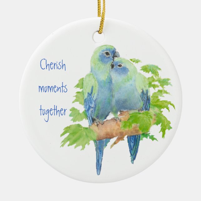 Cherish moments together, Cute Cuddling Parrots Ceramic Ornament (Front)