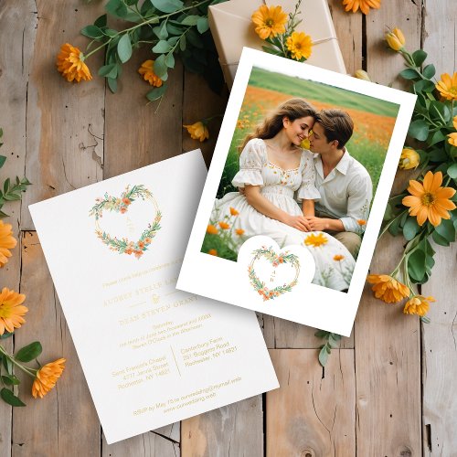 Cherish Romantic Orange  Green Floral Heart Shape Foil Invitation