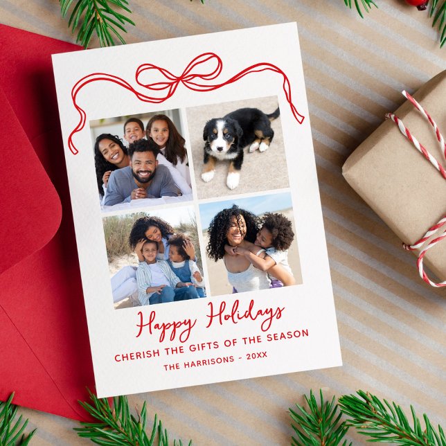 Cherish The Gifts, Bow, 4 Photo Collage Happy Holiday Card (Creator Uploaded)