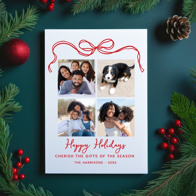 Cherish The Gifts, Bow, 4 Photo Collage Happy Holiday Postcard (Creator Uploaded)