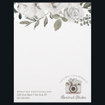 Cherish Vintage White Floral Custom Camera logo Letterhead<br><div class="desc">Vintage Cherish White Floral & Rose Gold Painted Roses and Flowers. A Vintage Classic and Elegant Look, and Plenty of Gray, Ivory White, Rose Gold, Dusty Pink, Pine Green, and Gray leaves and foliage. With Hand Painted Floral elements, Vintage Classic Script Fonts and Stylish Rose Gold Glitter Foil Frame &...</div>