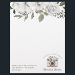 Cherish Vintage White Floral Custom Camera logo Letterhead<br><div class="desc">Vintage Cherish White Floral & Rose Gold Painted Roses and Flowers. A Vintage Classic and Elegant Look, and Plenty of Gray, Ivory White, Rose Gold, Dusty Pink, Pine Green, and Gray leaves and foliage. With Hand Painted Floral elements, Vintage Classic Script Fonts and Stylish Rose Gold Glitter Foil Frame &...</div>