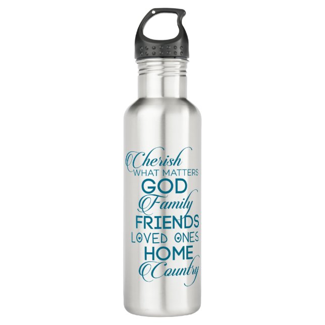 Cherish What Matters Teal Stainless Steel Water Bottle (Front)