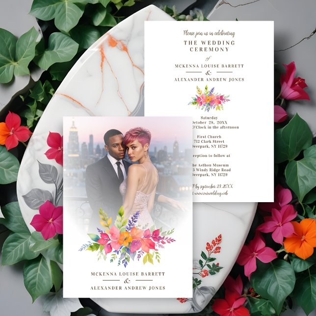 Cherished Colorful Flowers & Foliage Garland Photo Invitation (Cherish Colorful Flowers & Foliage Garland Photo Wedding Invitations Cards. )