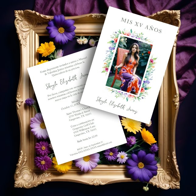 Cherished Cute Floral Frame Quinceañera Photo Invitation (Spanish Cherish Cute Floral Frame Quinceañera Photo Invitation Card. )