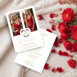 Cherished Floral Heart Initials Graduate 2 Photos Invitation