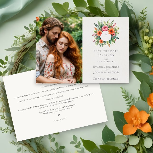 Cherished Initials Colorful Floral Wreath Wedding Foil Invitation (Cherish Initials Colorful Shades Floral Wreath Wedding Photo Metallic Foil Save the Dates Cards.)