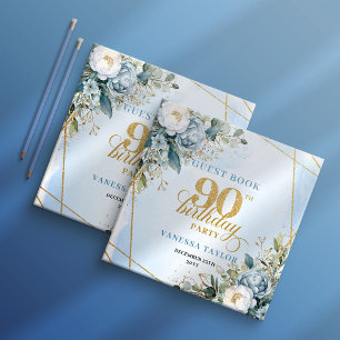 Cherished Light Blue Gold 90th Birthday Guest Book