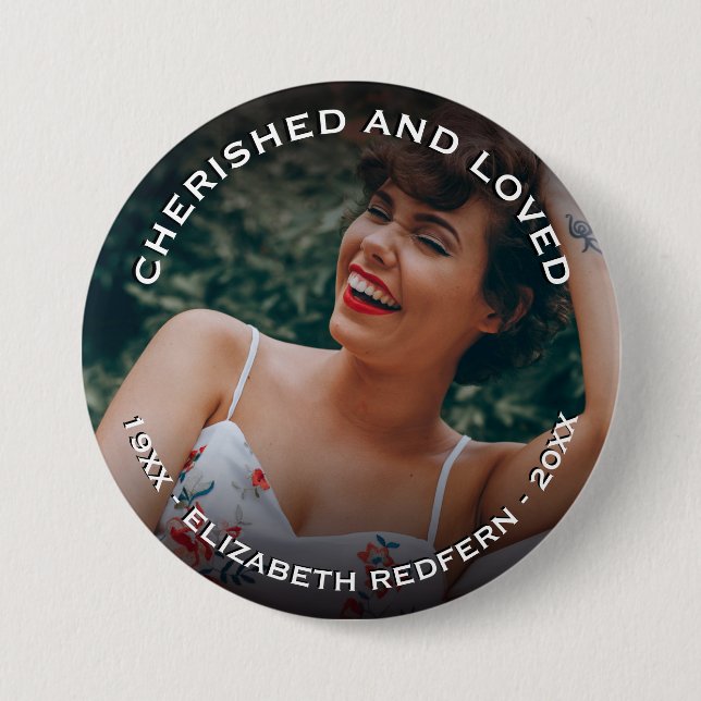 Cherished & Loved Memorial Photo Funeral Button (Front)