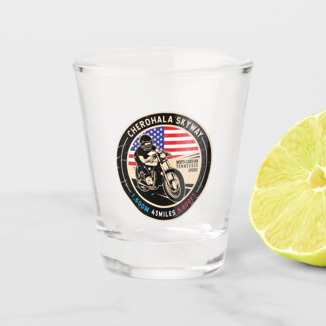 Cherohala Skyway National Scenic Byways Motorcycle Shot Glass (Front)