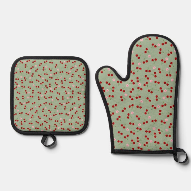 Cherries And Flowers Oven Mitt & Pot Holder Set (Front)