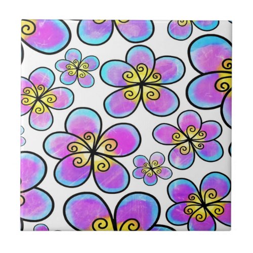 Cherries And Flowers Seamless Pattern Ceramic Tile