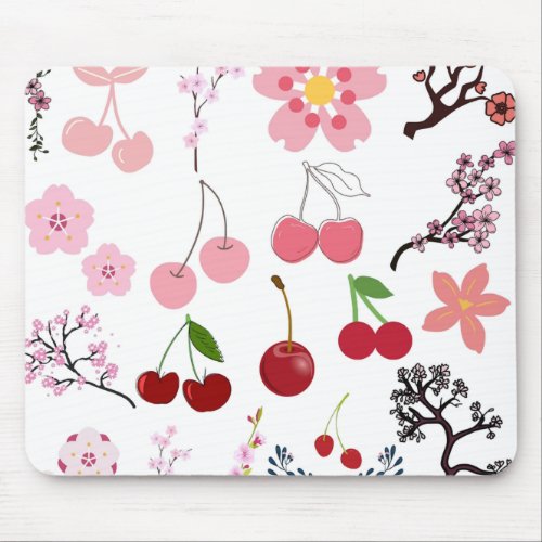 Cherries And Flowers Seamless Pattern  Mouse Pad