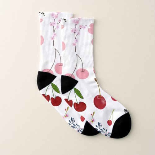 Cherries And Flowers Seamless Pattern Socks