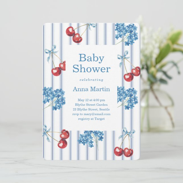 Cherries and Hydrangeas Baby Shower Invitation (Standing Front)
