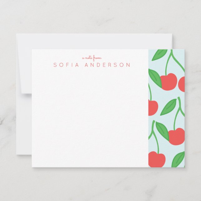 Cherries and Leaves Pattern Personalized Note Card (Front)