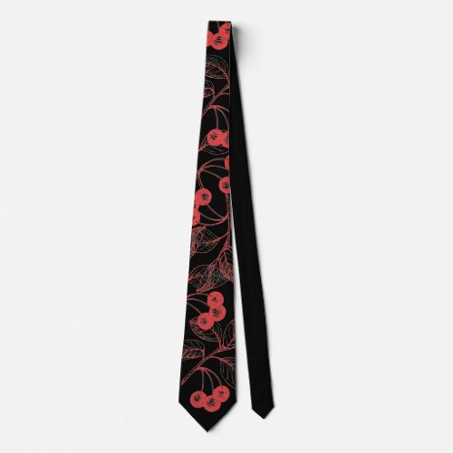 Cherries and Leaves Red on Black Neck Tie