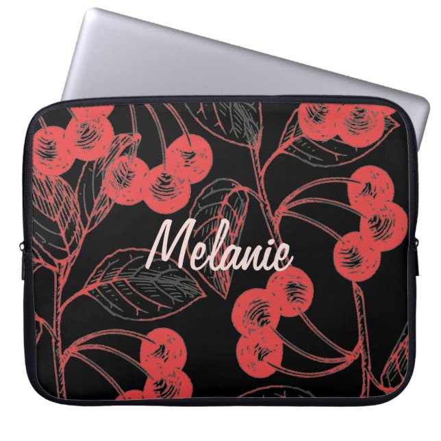 Cherries and Leaves Red on Black Personalised Laptop Sleeve (Front)