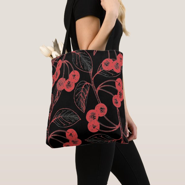 Cherries and Leaves Red on Black Tote Bag (Close Up)