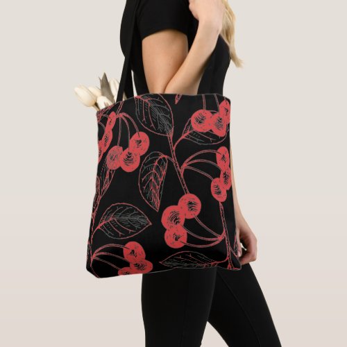 Cherries and Leaves Red on Black Tote Bag