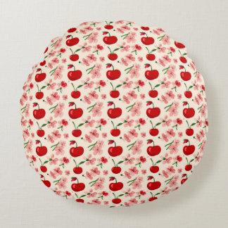 Cherries And Pink Blossoms Round Pillow