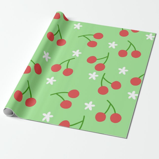 Cherries and White Flower Wrapping Paper (Unrolled)