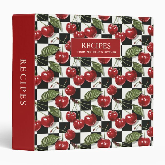 Cherries Black White Checkered Family Recipes  3 Ring Binder (Front/Spine)