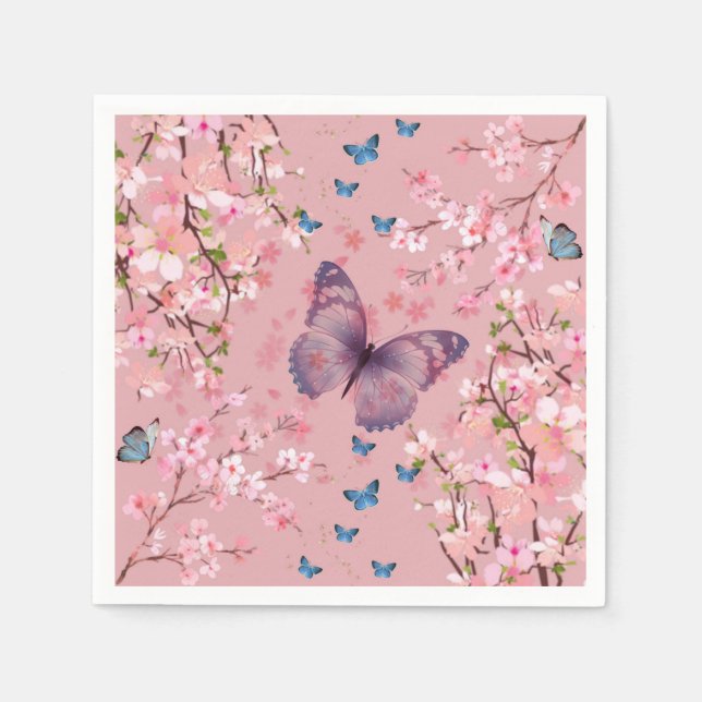 Cherries Blossom & Colorful Butterflies  Napkins (Front)
