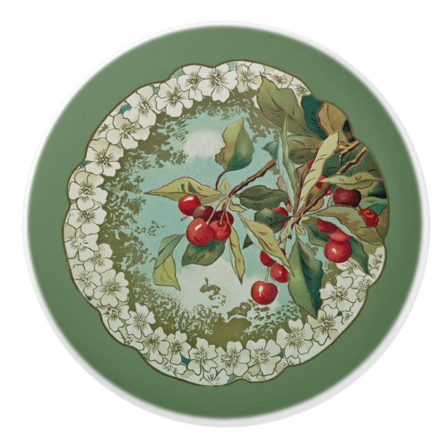 Cherries ~ Botanical Fruit ~ Any Background Color~ Ceramic Knob (Front)