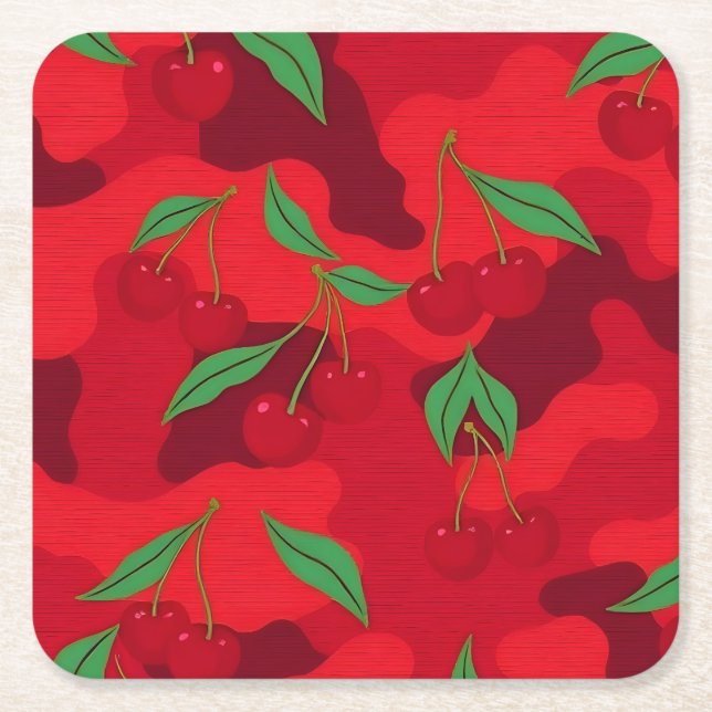 Cherries Camo Red Coaster Set (Front)
